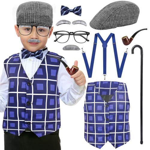 10-teiliges Kostüm für Jungen zum 100. Schultag, Opa, Zubehör-Set, Perücke, Hosenträger, Brillen, Krawatte, Aufkleber, Rohrabzeichen, Cosplay, Verkleidung für Halloween, Schulparty (8–10 Jahre) von Maazusa