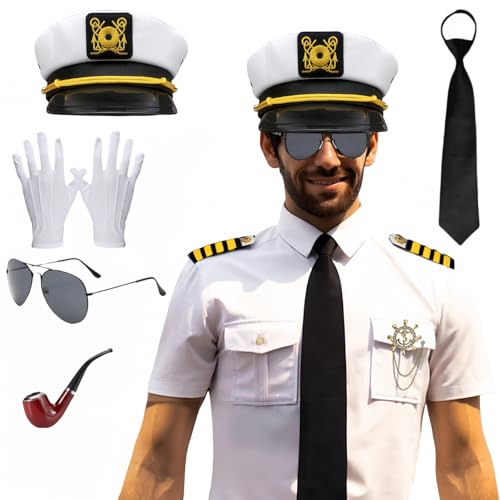 8-teiliges Captain Matrosen-Kostüm-Set für Herren, Kapitänskappe, Outfit-Zubehör, Captain Matrosen-Kostüm, nautisches Party-Kostüm für Erwachsene, Halloween, Cosplay (Weiß, M) von Maazusa