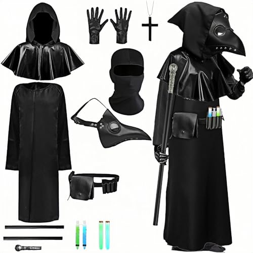 Halloween Pestarzt Kostüm Sets Erwachsene Pest Doktor Zubehör Umhang Kapuze Gürtel Top Handschuhe Kunststoff Vogel Schnabel Maske für Halloween Karneval (L) von Maazusa