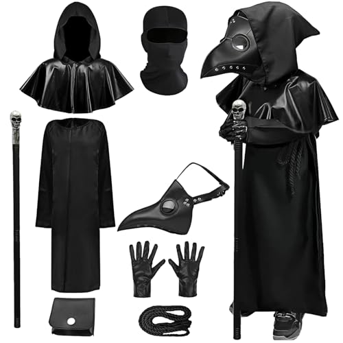 Halloween Pestarzt Kostüm Sets Kinder Pest Arzt Zubehör Umhang Kapuze Poncho Gürtel Handschuhe Schnabel Maske Verkleidung Outfit für Halloween Karneval Party (140) von Maazusa