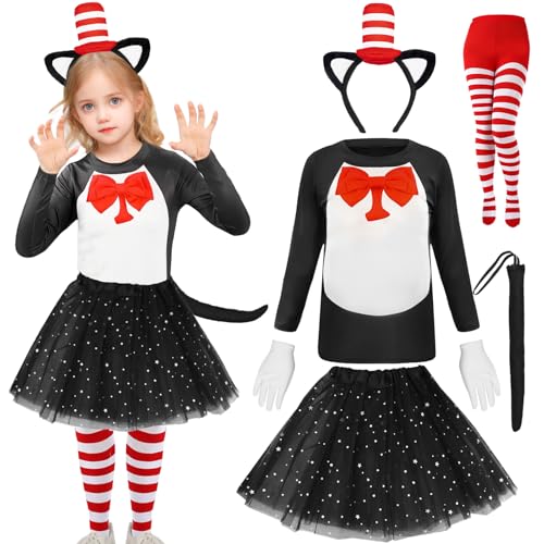 Katzenkostüme für Mädchen, 6 Stück, Katzen-Cosplay-Kostüme, Katzenanzug mit Stirnband, Kragen, Schwanz, Kinn, Gesicht, Aufkleber, Rock, Socken für Welttag des Buches, Karneval, Party (S) von Maazusa