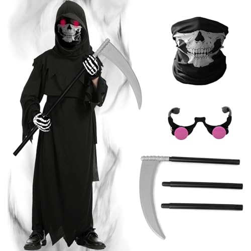 Maazusa 6-teiliges Sensenmann-Kostüm für Kinder, gruselig, Cosplay, Todesser-Kostüm, Horror-Kostüm, Kapuzenmantel für Halloween, gruselige Kostümparty (135) von Maazusa