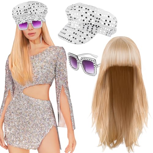 Maazusa 70er Jahre Discozubehör für Damen, 3-teiliges Disco-Kostüm-Set der 70er-Jahre, Paillettenhut, glitzernd, Sonnenbrille, Perücke, Kostüm-Set für 70/80er-Jahre-Motto-Party, Geburtstag, Weiß, Maazusa 70er Jahre Discozubehör für Damen, 3-teiliges Disco-Kostüm-Set der 70er-Jahre, Paillettenhut, glitzernd, Sonnenbrille, Perücke, Kostüm-Set für 70/80er-Jahre-Motto-Party, Geburtstag, Weiß, von Maazusa