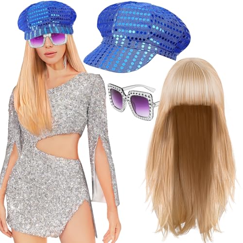 Maazusa 70er Jahre Discozubehör für Damen, 3-teiliges Disco-Kostüm-Set der 70er-Jahre, Paillettenhut, glitzernd, Sonnenbrille, Perücke, Kostüm-Set für 70/80er-Jahre-Motto-Party, Geburtstag, Blau, Maazusa 70er Jahre Discozubehör für Damen, 3-teiliges Disco-Kostüm-Set der 70er-Jahre, Paillettenhut, glitzernd, Sonnenbrille, Perücke, Kostüm-Set für 70/80er-Jahre-Motto-Party, Geburtstag, Blau, von Maazusa