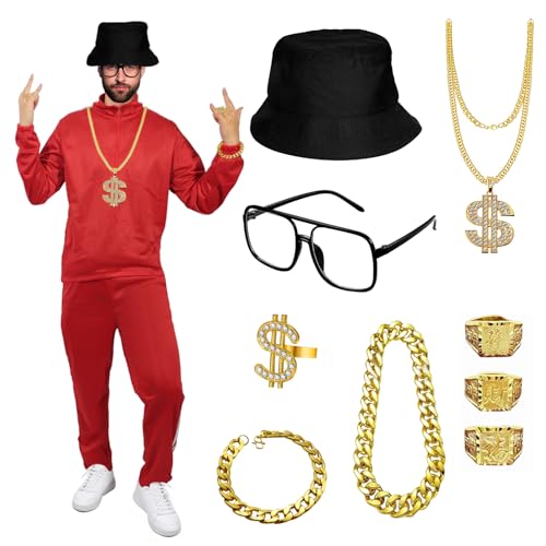 Maazusa 80er 90er Jahre Hip-Hop-Outfit für Herren, 11-teilig, 70er-Disco-Outfit, Rapper-Kostüme, Disco-Kostüm für Mottoparty, Cosplay, Halloween, Rot, XL Maazusa 80er 90er Jahre Hip-Hop-Outfit für Herren, 11-teilig, 70er-Disco-Outfit, Rapper-Kostüme, Disco-Kostüm für Mottoparty, Cosplay, Halloween, Rot, XL von Maazusa