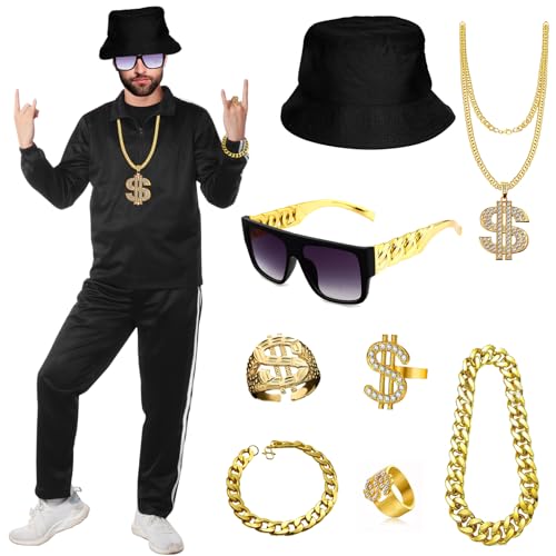 Maazusa 80er 90er Jahre Hip Hop Outfit für Herren 11pcs 70er Disco Outfit Rapper Kostüme Disco Verkleidung für Weihnachten Karneval Motto Disco Party (S) von Maazusa