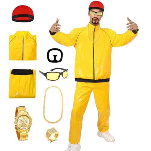 Maazusa 90er Jahre Rapper Kostüm Erwachsene Kostüm Set Gelb Muschel Outfit mit Jacke Hose Roter Hut Ring Sonnenbrille Halskette 90er Jahre Verkleidung für Halloween Karneval Party (Gelb, XL) von Maazusa