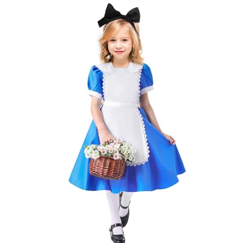 Maazusa Blau-weißes Schürzenkleid Wunderland-Prinzessinnen-Outfit mit blauem Kleid, weiße Schürze, Feen-Kostüm, Kinder, Mädchen, für Halloween, Geburtstag, Party, Welttag des Buches (7–9 Jahre) von Maazusa