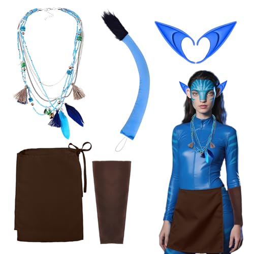 Maazusa Blaues Elfen-Kostüm für Erwachsene, Kinder, Elfen-Kostüm, Zubehör, Alien-Ohren, Armband, Halskette, Schwanz, blaues Alien-Kostüm für Halloween, Karneval, Party von Maazusa