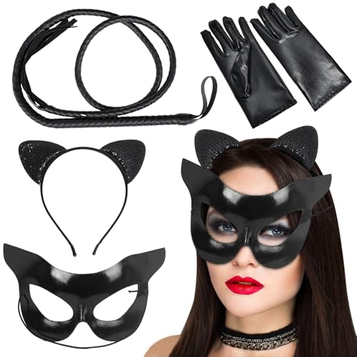 Maazusa Catwoman Kostüm Set Damen 3 Stück Katzenkostüm Peitsche Kopfschmuck Maske Handschuhe Cosplay-Kostüm für die Halloween-Mottoparty von Maazusa