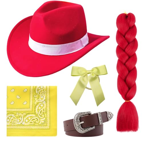 Maazusa Cowboy-Kostüm-Zubehör für Kinder, 5-teilig, Halloween-Cowboy-Outfit mit roter Perücke, Zopf, Gürtel, quadratischer Schal, Mädchen, Cowboys, Cosplay, Verkleidung für Halloween, Karneval, Party von Maazusa