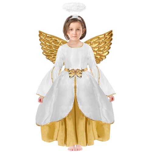 Maazusa Engelskostüm für Mädchen, Engelskleid-Set, lang, Weißgold, Kleid, Stirnband, Gold, faltbare Flügel, Engel, Cosplay, Verkleidung für Halloween, Weihnachten, Party (150) von Maazusa