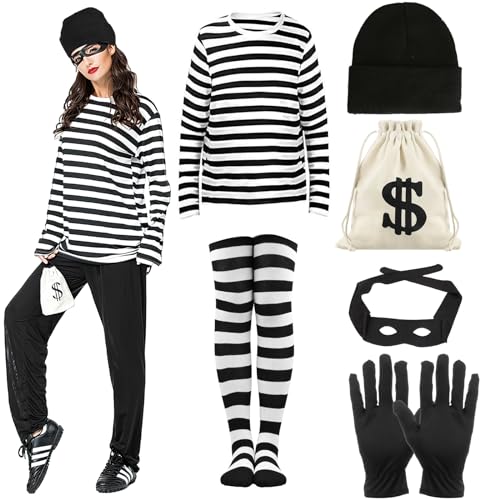 Maazusa Gefangenenkostüm Damen Erwachsene Sträfling Verkleidung mit schwarz weiß gestreiften Top Socken Räuber Hut Handschuhe Geldbörse Tasche für Halloween Karneval Party Maazusa Gefangenenkostüm Damen Erwachsene Sträfling Verkleidung mit schwarz weiß gestreiften Top Socken Räuber Hut Handschuhe Geldbörse Tasche für Halloween Karneval Party von Maazusa