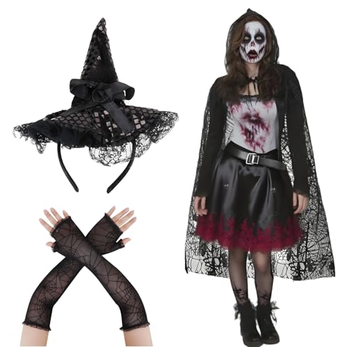 Maazusa Halloween-Hexenkostüm für Damen, 3-teiliges Hexenzubehör-Set, Kapuzenumhang, Hut, Stirnband, Handschuhe, Verkleidung für Halloween, Cosplay-Party Maazusa Halloween-Hexenkostüm für Damen, 3-teiliges Hexenzubehör-Set, Kapuzenumhang, Hut, Stirnband, Handschuhe, Verkleidung für Halloween, Cosplay-Party von Maazusa