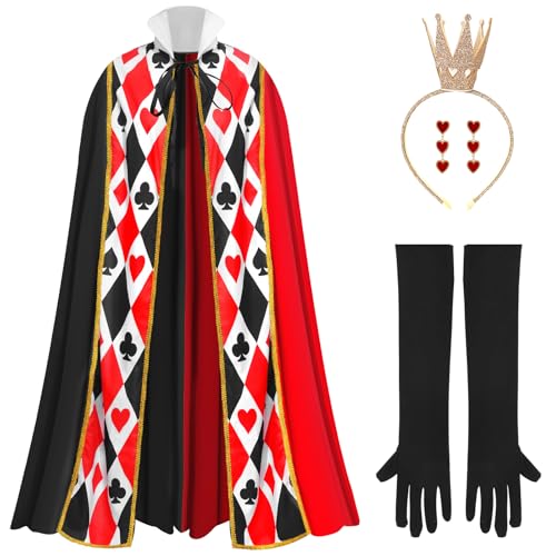 Maazusa Halloween-Königin-Kostüm für Damen, 4-teilig, Herzumhang, Kostüm-Outfits mit Handschuhen, Krone, Stirnband, Ohrringen, Umhang für Halloween, Karneval, Cosplay, Party Maazusa Halloween-Königin-Kostüm für Damen, 4-teilig, Herzumhang, Kostüm-Outfits mit Handschuhen, Krone, Stirnband, Ohrringen, Umhang für Halloween, Karneval, Cosplay, Party von Maazusa