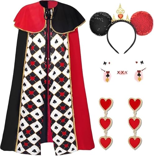 Maazusa Halloween-Königin-Kostüm für Damen 3-teilig Herzkönigin-Outfits Umhang Stirnband Ohrringe Gesichtsaufkleber Verkleidung für Halloween Cosplay-Party von Maazusa