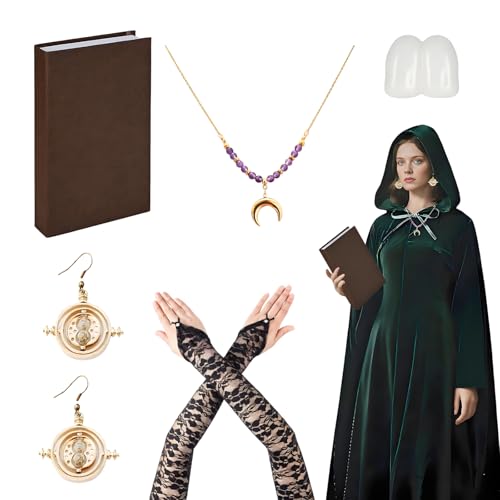Maazusa Halloween Magisches Hexenkostüm für Erwachsene Magisches Zubehör Set Ohrringe Halskette Buch Dekoration Handschuhe Hexe Verkleidung für Halloween Cosplay Party von Maazusa