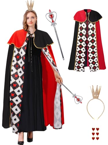 Maazusa Königin Kostüme für Damen 4 Stück Königin der Herzen Kostüm Umhang der Herzkönigin mit Krone Herz-Ohrringe Mantel Fancy Dress für Geburtstag Cosplay Party von Maazusa