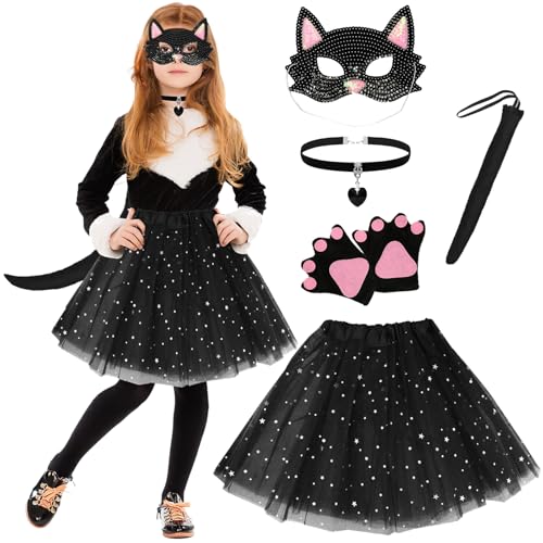 Maazusa Katzenkostüme für Mädchen, 5 Stück, Katzenrock, Cosplay, Maske, Halskette, Schwanz, Rock, Handschuhe, Tier, schwarz, Verkleidung für Halloween, Karneval, Cosplay, Party von Maazusa