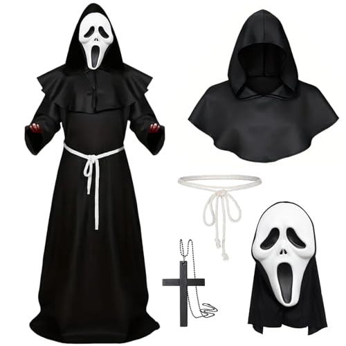 Maazusa Mittelalterliches Mönch-Kostüm für Erwachsene, 5-teilig, Halloween-Umhang, Kapuze, Robe, Kreuz, Leinen, Taillenseil, Maske, Horror-Mönch-Kostüm für Halloween, Cosplay-Party (Schwarz, L) von Maazusa