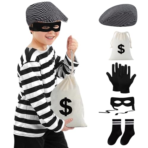Maazusa Räuber-Kostüme für Kinder, 6-teilig, Räuber-Outfits mit gestreiftem T-Shirt, Baskenmütze, Augenmaske, Taschen, Handschuhe, Strümpfe, Dieb, Kostüm für Halloween-Party (120) von Maazusa