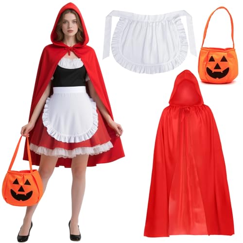 Maazusa Rotkäppchen-Kostüm für Erwachsene und Damen, Rotkäppchen-Outfit mit Umhang, Schürze, Tragetasche, Kostüm, Cosplay, für Halloween, Karneval, Party von Maazusa