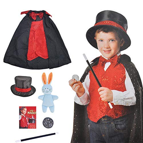 Zauberer Rollenspiel Kostüm Set Halloween Kinder Zauberer Kostüm mit Umhang Inklusive Hut Umhang Zauberstab Zaubertricks Halloween Verkleidung Zubehör Set für Kinder Jungen und Mädchen von Maazusa
