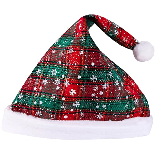 Weihnachtsmütze mit Schneeflocken und weißem Rand, gemütlicher 37 x 29 cm großer Hut für Erwachsene und Kinder, weicher Plüsch, Rot-Grün von Machify