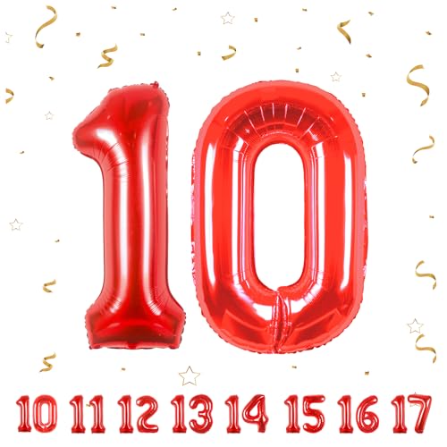 10 Geburtstag Deko zahlen luftballon 10 jahre | Folienballon Rot - für 10. Geburtstagsdeko Männer Frauen Ballon Zahl Deko zum Geburtstag fliegt mit Helium 10.Geburtstagsparty 40"-101cm von Maclunar