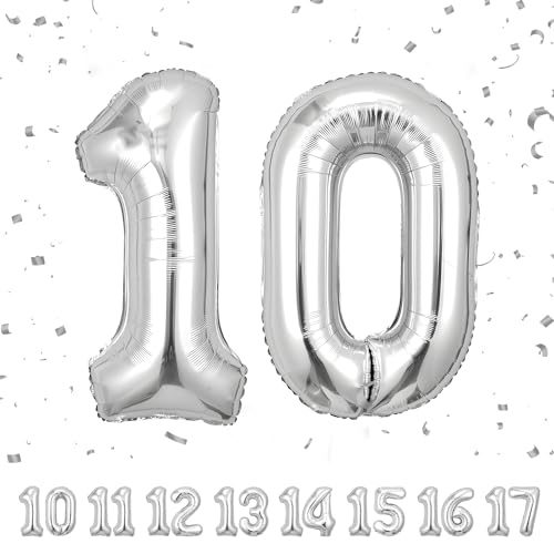 10 Geburtstag Deko zahlen luftballon 10 jahre | Folienballon Sliber - für 10. Geburtstagsdeko Männer Frauen Ballon Zahl Deko zum Geburtstag fliegt mit Helium 10.Geburtstagsparty 40"-101cm von Maclunar