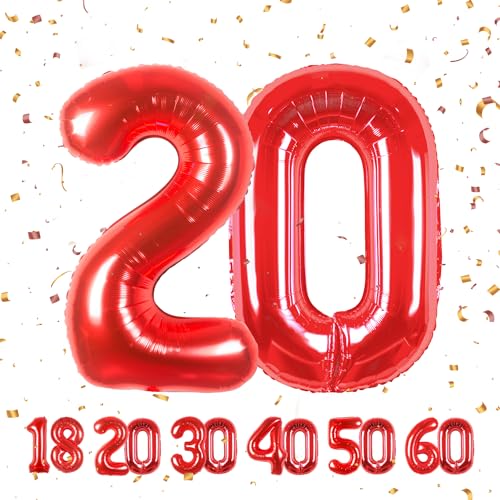 20 Geburtstag Deko zahlen luftballon 20 jahre | Folienballon Rot - für 20. Geburtstagsdeko Männer Frauen Ballon Zahl Deko zum Geburtstag fliegt mit Helium 20.Geburtstagsparty 40"-101cm von Maclunar