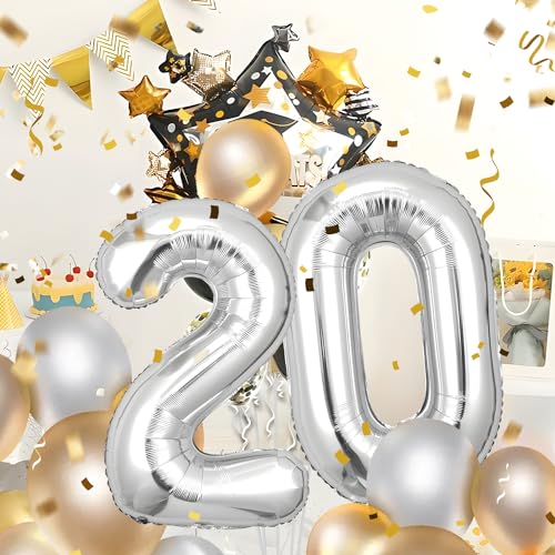 20 Geburtstag Deko zahlen luftballon 20 jahre | Folienballon Sliber- für 20. Geburtstagsdeko Männer Frauen Ballon Zahl Deko zum Geburtstag fliegt mit Helium 20.Geburtstagsparty 40"-101cm Sliver, 20 von Maclunar