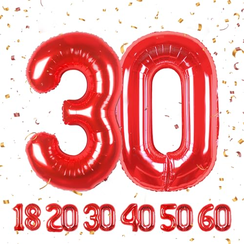 30 Geburtstag Deko zahlen luftballon 30 jahre | Folienballon Rot - für 30. Geburtstagsdeko Männer Frauen Ballon Zahl Deko zum Geburtstag fliegt mit Helium 30.Geburtstagsparty 40"-101cm von Maclunar