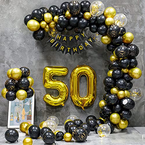 50 Geburtstag Deko, 50 . Geburtstag Mann Frauen, 50 Jahre Geburtstagdeko, Happy Birthday Girlande Ballon Schwarz Gold Dekoration, Deko 50 . Geburtstag Konfetti Luftballons Birthday Party von Maclunar