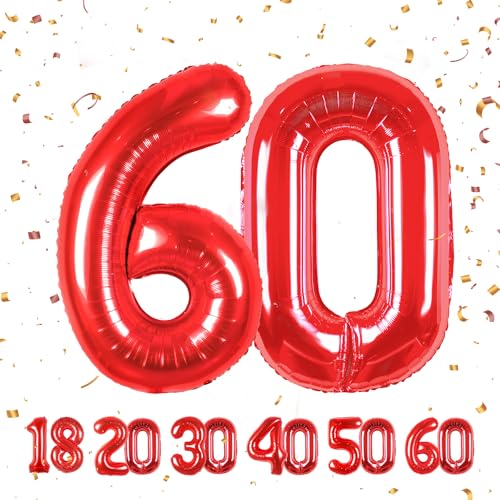60 Geburtstag Deko zahlen luftballon 60 jahre | Folienballon Rot- für 60. Geburtstagsdeko Männer Frauen Ballon Zahl Deko zum Geburtstag fliegt mit Helium von Maclunar