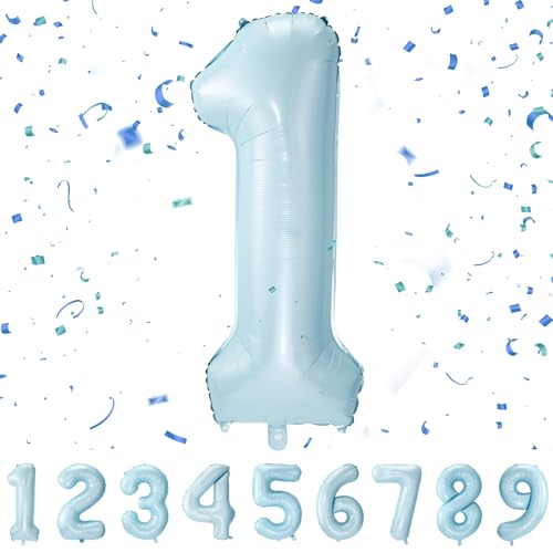 Geburtstag zahlen luftballon 1 jahre | Folienballon Kindergeburtstag Deko 1 XXL Pastel Blau-Riesen Folienballon in 40" - 101cm Geburtstagsdeko - Ballon Zahl Deko zum Geburtstag QBlue1 von Maclunar
