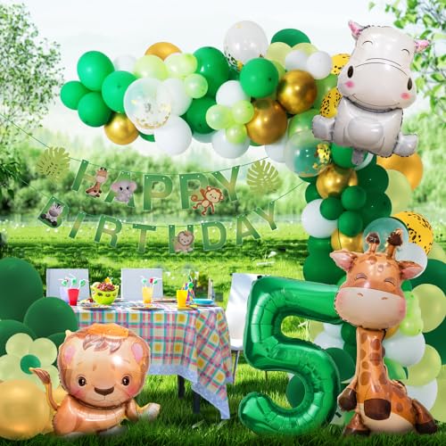 Dschungel Geburtstag Dekoration 5 jahr,Safari Geburtstagsdeko Ballons,Grüne Waldtiere Luftballon Tiere Deko 5. Geburtstag Junge Mädchen,Wild One Geburtstag Deko Party von Maclunar