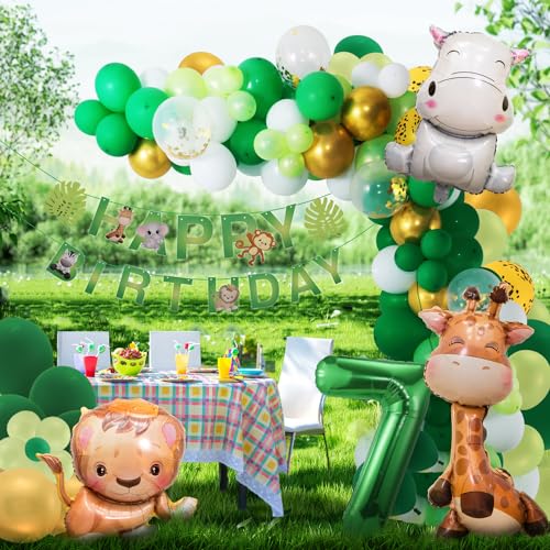 Dschungel Geburtstag Dekoration 7 jahr,Safari Geburtstagsdeko Ballons,Grüne Waldtiere Luftballon Tiere Deko 7. Geburtstag Junge Mädchen,Wild One Geburtstag Deko Party von Maclunar
