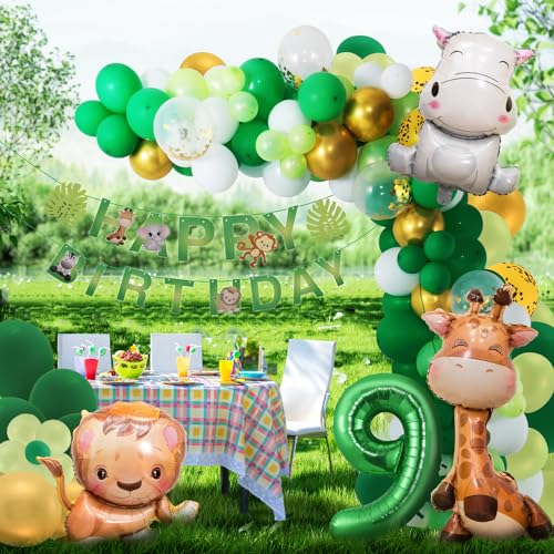 Dschungel Geburtstag Dekoration 9 jahr,Safari Geburtstagsdeko Ballons,Grüne Waldtiere Luftballon Tiere Deko 9. Geburtstag Junge Mädchen,Wild One Geburtstag Deko Party von Maclunar