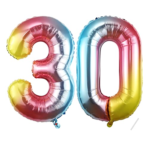 Geburtstag Deko zahlen luftballon 30 jahre | Folienballon Regenbogen- für 30. Geburtstagsdeko Männer Frauen Ballon Zahl Deko zum Geburtstag fliegt mit Helium von Maclunar
