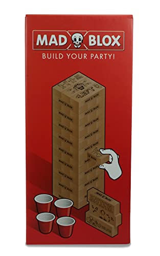 Madparty Games - MadBlox- Partyspiel - Wooden Blox - Partyspiel für Erwachsene - 54 doppelseitige Herausforderungen- Stapelturm - Tragbar - Unverwechselbare Formen von Mad Party Games
