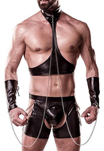 Männer Herren sexy schwarzes Wetlook Harness-Set mit Shorts Bondage Oberteil mit Ketten Armstulpen String Roleplay Verkleidung L-XL von Männer