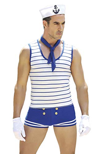 Männer sexy blau weißes Matrosen-Kostüm mit Shorts Mütze Hemd Handschuhe und Halstuch Roleplay Verkleidung Marine von Männer