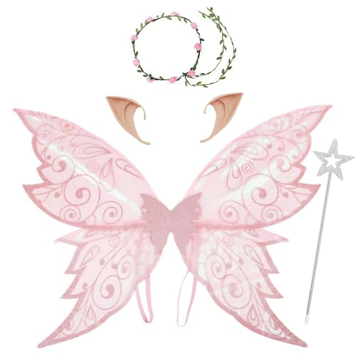 Mafagwre 4 Stück Halloween Feenflügel Set, Kinderflügel Schmetterlingsflügel, Feenflügel Kostüm, Ee Engel Prinzessin Set, Elfenflügel Mit Elfenohren Für Karneval Und Halloween (A) von Mafagwre