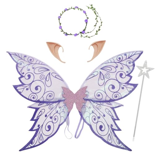 Mafagwre 4 Stück Halloween Feenflügel Set, Kinderflügel Schmetterlingsflügel, Feenflügel Kostüm, Ee Engel Prinzessin Set, Elfenflügel Mit Elfenohren Für Karneval Und Halloween (B) von Mafagwre