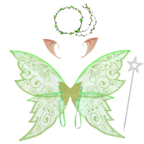 Mafagwre 4 Stück Halloween Feenflügel Set, Kinderflügel Schmetterlingsflügel, Feenflügel Kostüm, Ee Engel Prinzessin Set, Elfenflügel Mit Elfenohren Für Karneval Und Halloween (C) von Mafagwre
