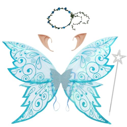 Mafagwre 4 Stück Halloween Feenflügel Set, Kinderflügel Schmetterlingsflügel, Feenflügel Kostüm, Ee Engel Prinzessin Set, Elfenflügel Mit Elfenohren Für Karneval Und Halloween (D) von Mafagwre