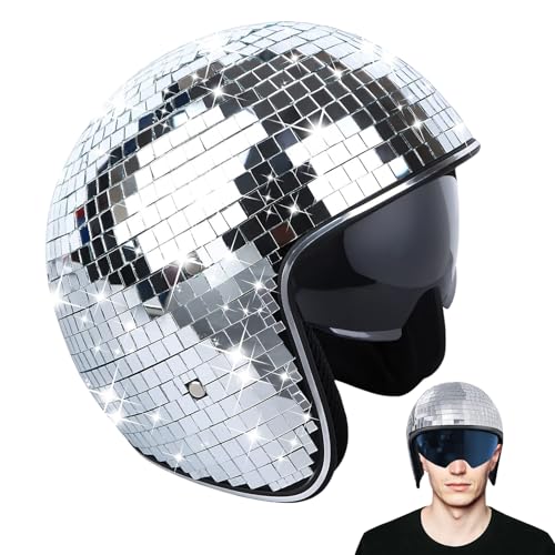 Mafagwre Discoball-Helm Mit Einziehbarem Visier, Discoball-Hut, Discokugel Glitzer Helm, Disco-Dekoration, Silberfarbener Glitzer-Spiegelglas Für Damen Und Herren, Dj-Club (A) von Mafagwre