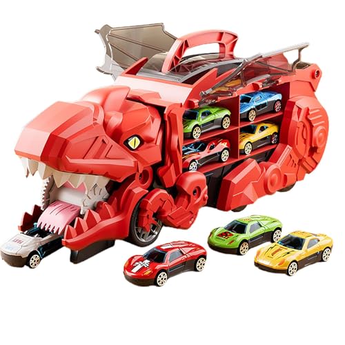 MagiDeal Dinosaurier-Transporter-LKW, Dinosaurier-Autofahrzeuge, Spielset mit 8 kleinen Autostrecken und Aufbewahrungsmöglichkeiten für Dinosaurier, die den, Rot von MagiDeal
