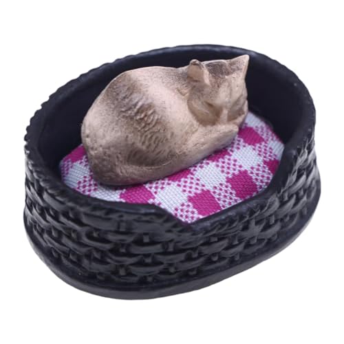 MagiDeal Miniatur-Katzenfigur im Maßstab 1:12, Tiermodell mit Haustier-Schlafbett, kleine Katzendekoration für Mikrolandschaften von MagiDeal